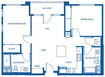 Floor Plan #2<br />Type 2BR/2BA | Sq Ft 1,066 – 1,093